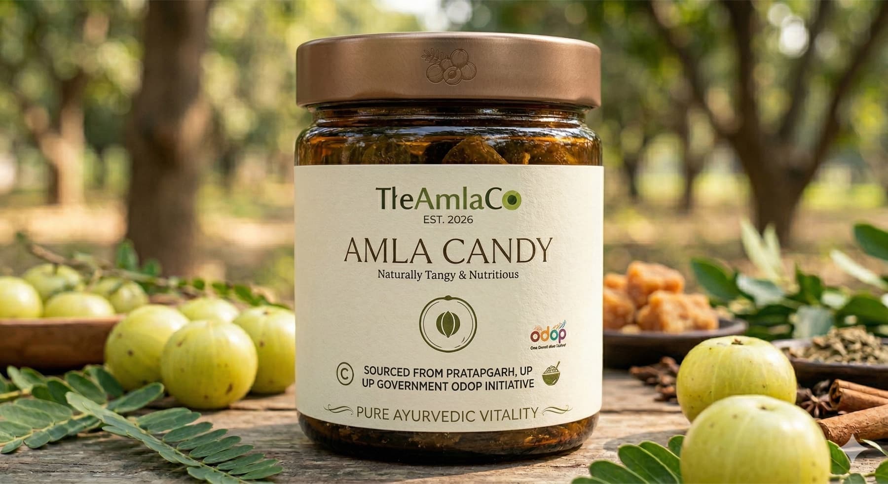 The Amla Co Amla Candy glass jar in an amla orchard