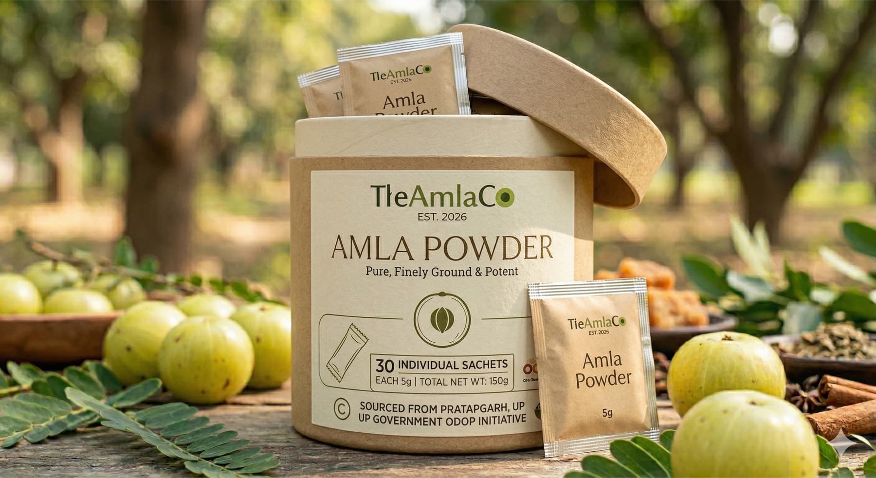 The Amla Co Amla Powder tub with 30 sachets
